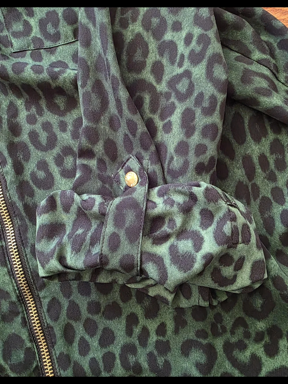 Michael Kors Green and Black Leopard Zip-Front Blouse